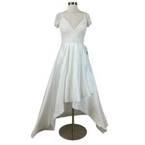 JKara Beaded Satin Short Sleeve High Low Evening Gown White Size 4 Formal Dress